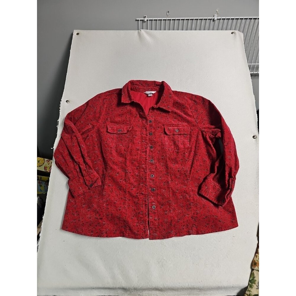 CJ Banks Red Corduroy‎ Floral Button Down Shirt Womens 2X Long Sleeve Pockets